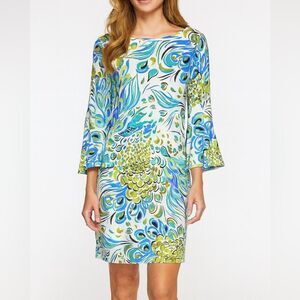 Tara Grinna Peacock Print Bell Sleeve Mini Dress Size XS Stretchy